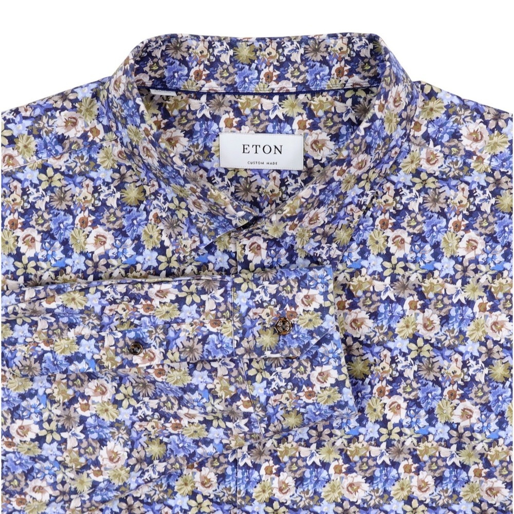 ETON Custom Made Button Down Shirt Mens Size 18.5x33 Blue Tan Floral Print